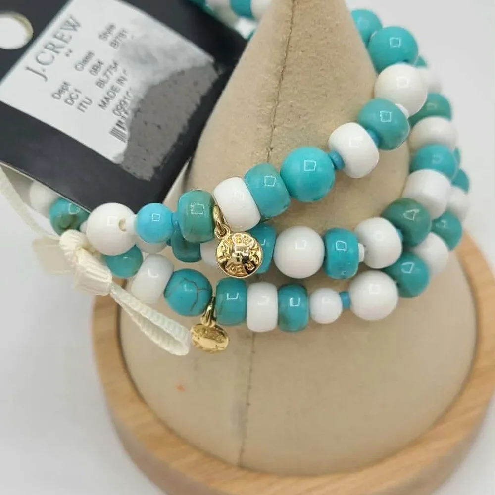 J Crew Factory Set of Blue White Bead Stretchy Bracelet NWT!